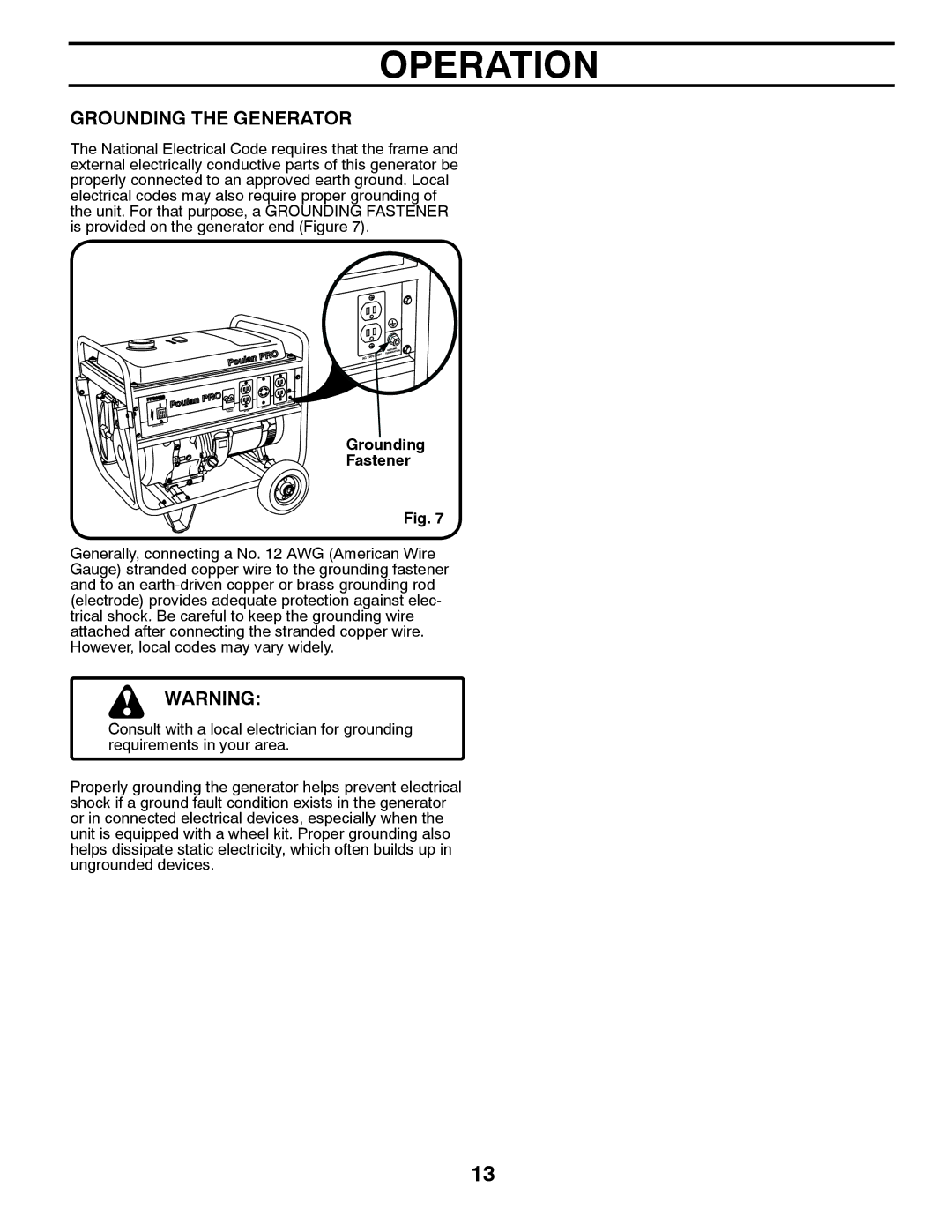 Poulan PPG 6000 owner manual Operation, Grounding the Generator 