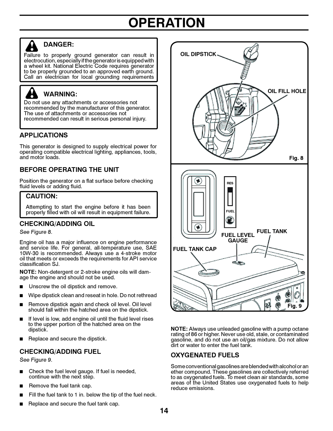 Poulan PPG 6000 Applications, Before Operating the Unit, Checking/Adding Oil, CHECKING/ADDING Fuel, Oxygenated Fuels 