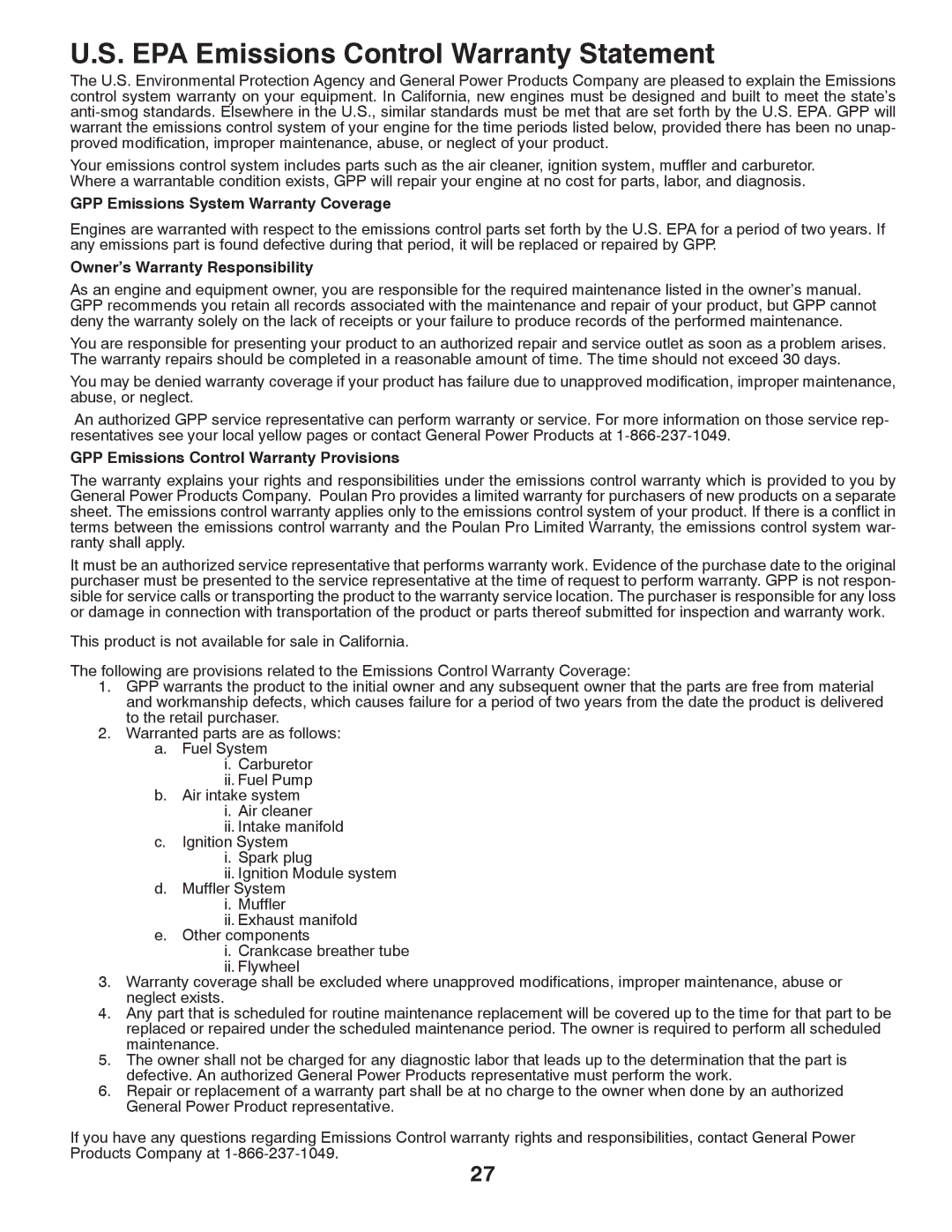 Poulan PPG 6000 owner manual EPA Emissions Control Warranty Statement 