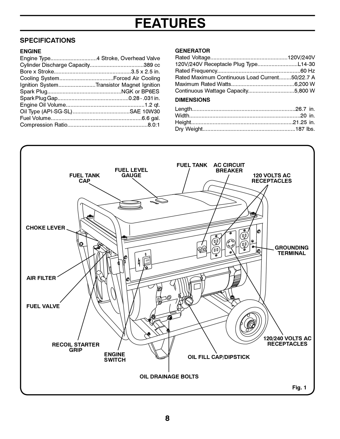 Poulan PPG 6000 owner manual Features, Specifications 