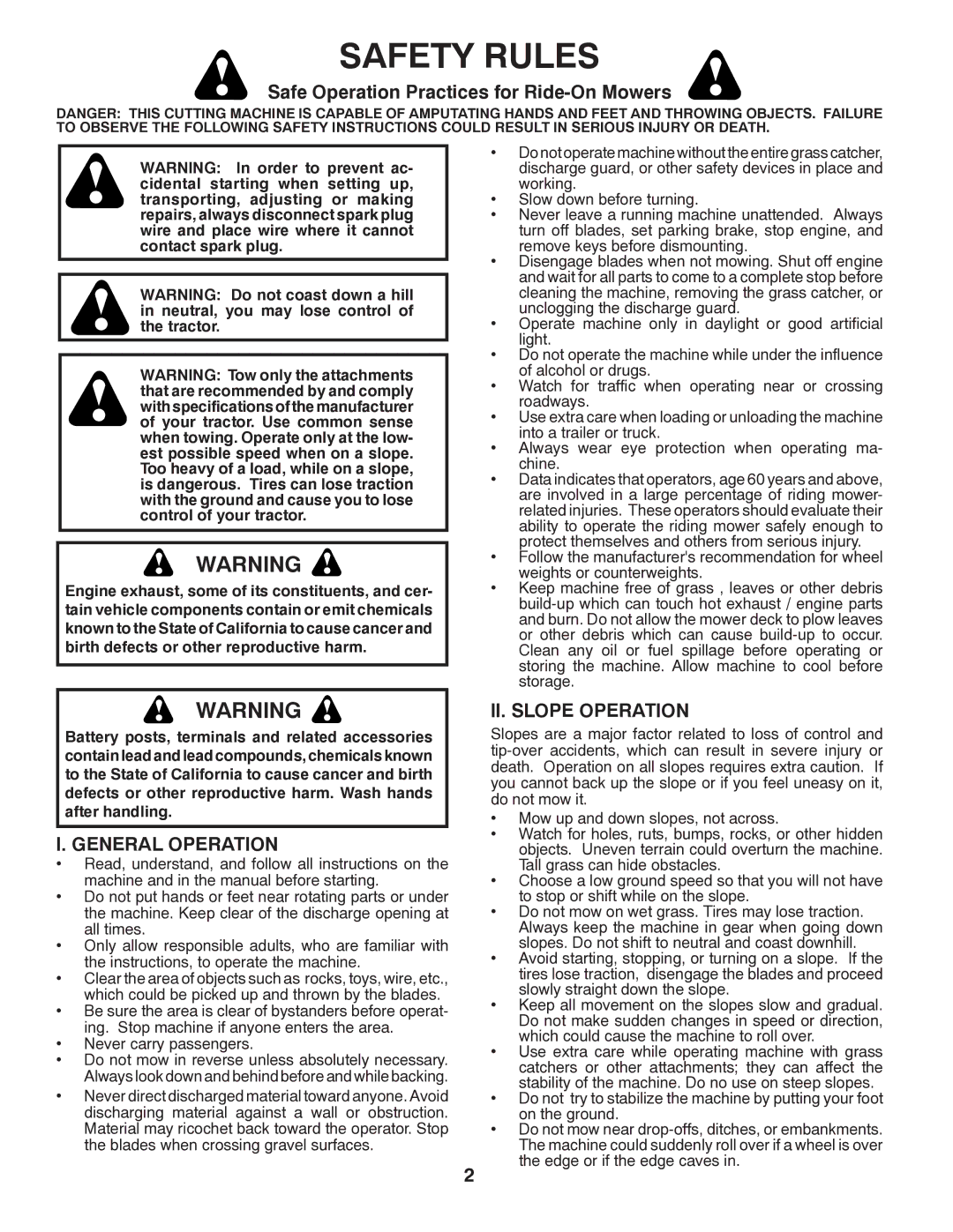 Poulan PPH20K46 manual Safety Rules, Safe Operation Practices for Ride-On Mowers, General Operation, II. Slope Operation 