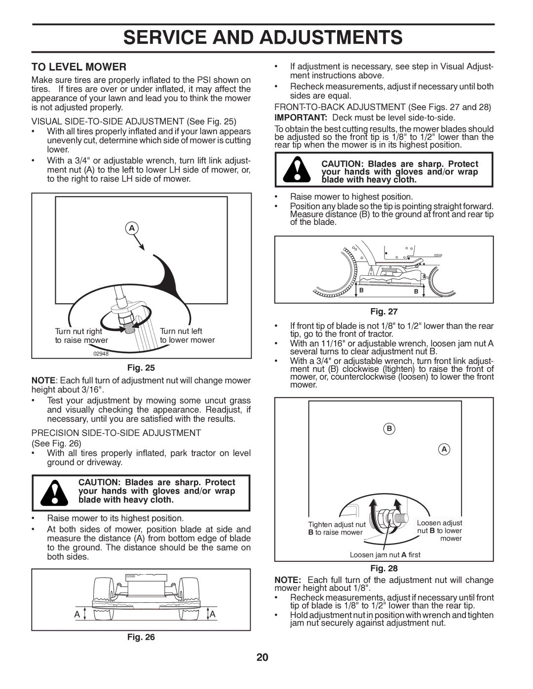 Poulan PPH20K46 manual To Level Mower, Turn nut right Turn nut left To raise mower To lower mower 