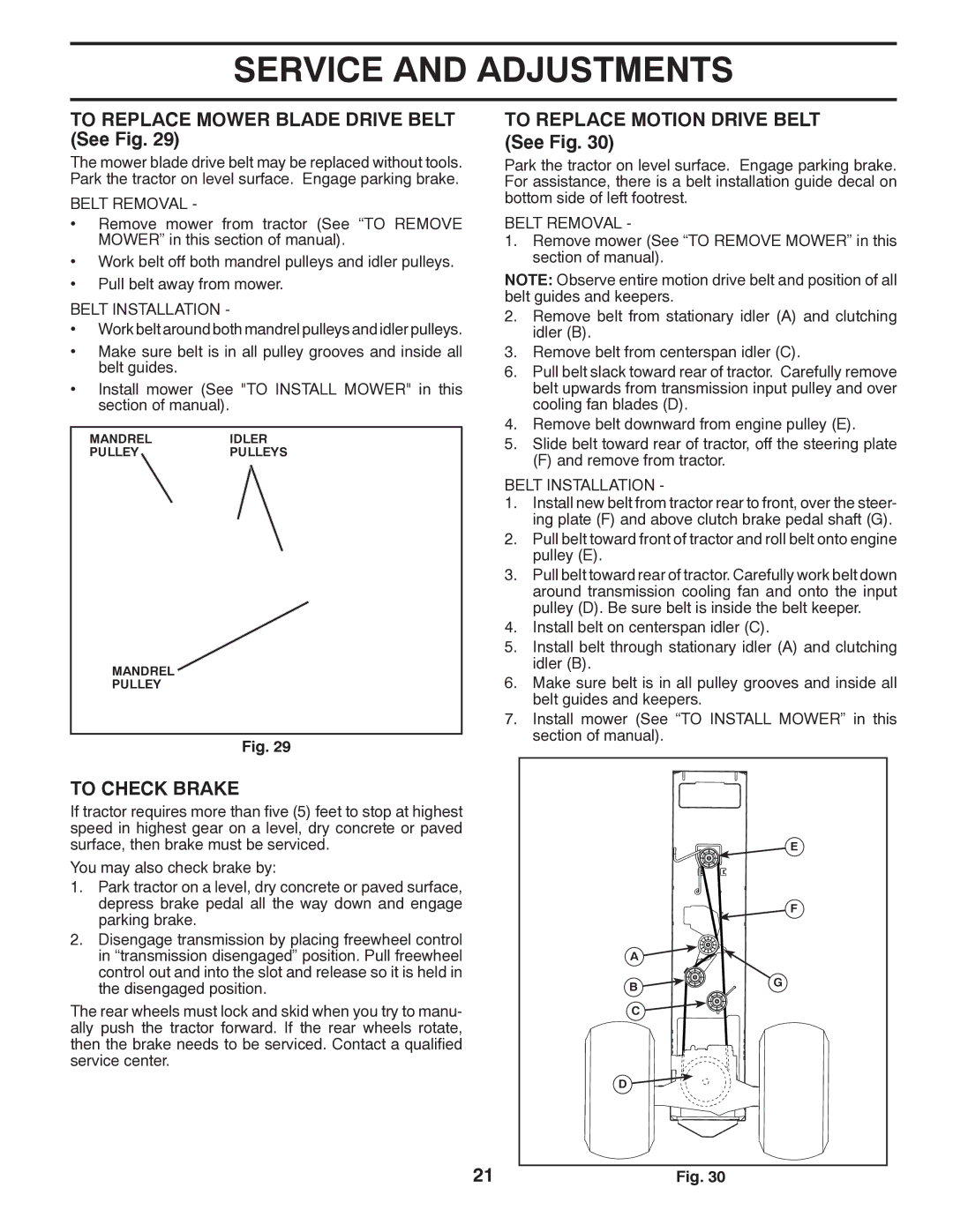 Poulan PPH20K46 manual To Replace Mower Blade Drive Belt See Fig, To Replace Motion Drive Belt See Fig, To Check Brake 