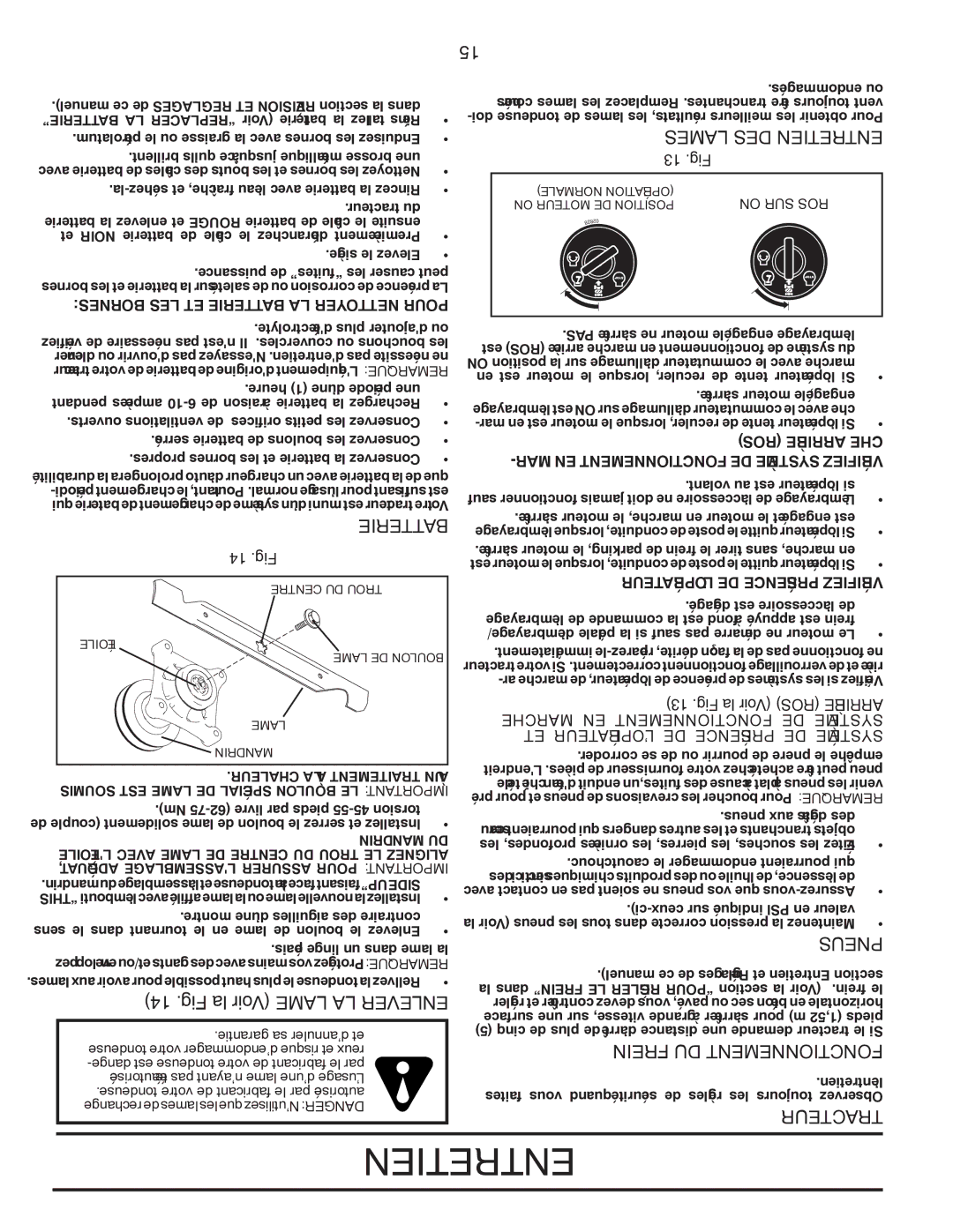 Poulan PPH20K46 manual Fig la Voir Lame LA Enlever, Lames DES Entretien, Pneus, Frein DU Fonctionnement, Tracteur 