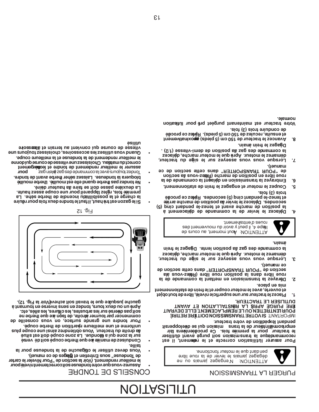 Poulan PPH20K46 manual Utilisation, Tondre DE Conseils, Transmission LA Purger, 12 .Fig 