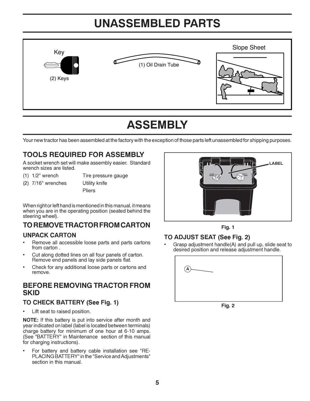 Poulan PPH20K46 manual Unassembled Parts, Tools Required for Assembly, To Remove Tractor from Carton 