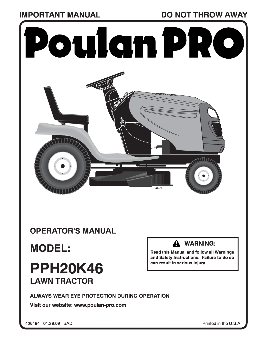 Poulan PPH20K46 manual Model, Important Manual, Do Not Throw Away, Operators Manual, Lawn Tractor, 03076 