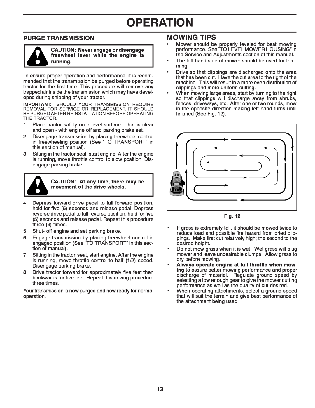 Poulan PPH20K46 manual Mowing Tips, Purge Transmission, Operation 