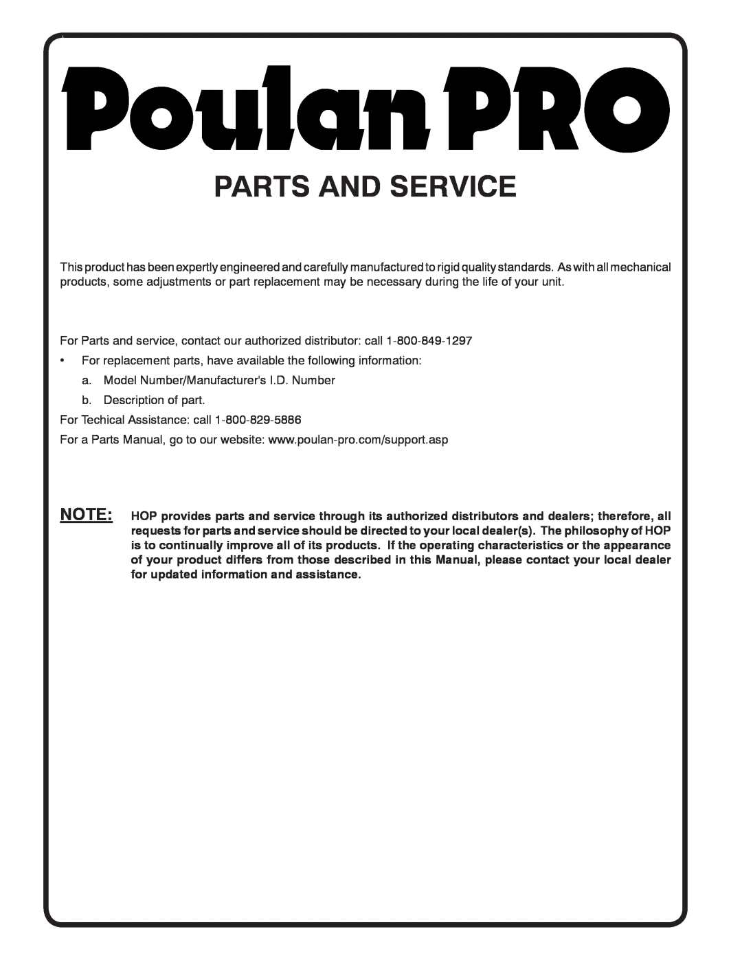 Poulan PPH20K46 manual Parts And Service 