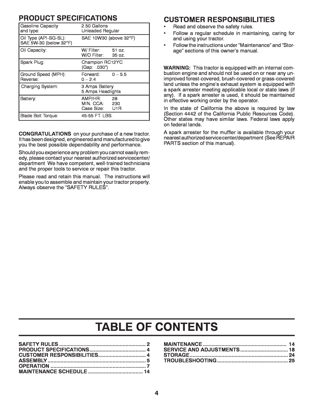 Poulan PPH20K46 manual Table Of Contents, Product Specifications, Customer Responsibilities 