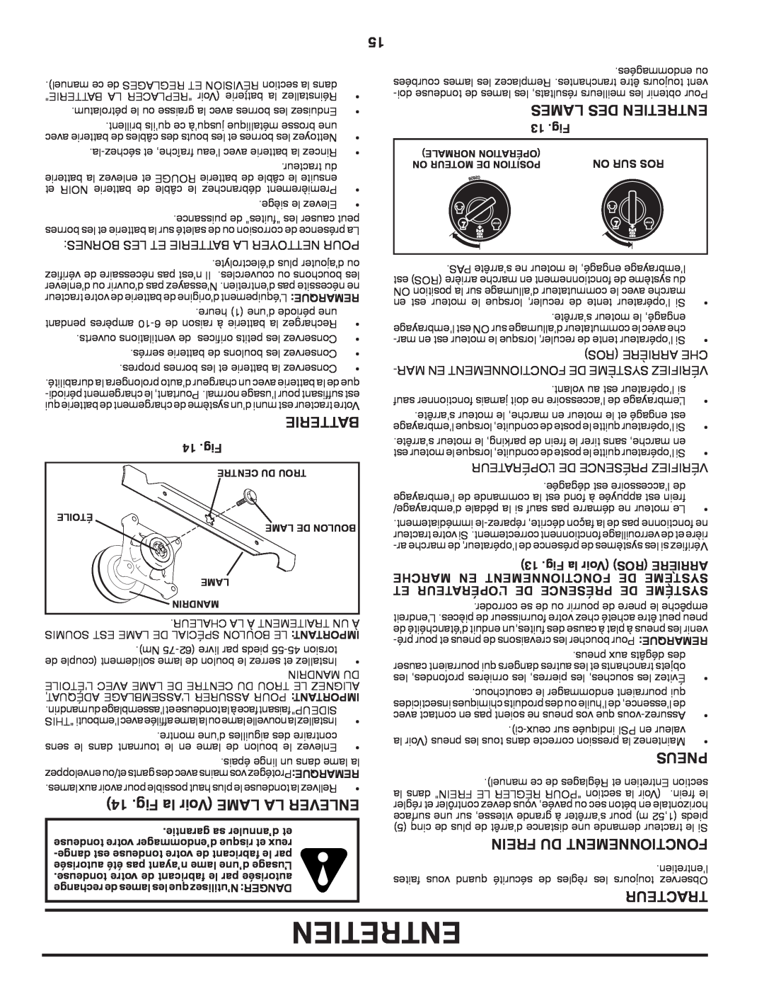 Poulan PPH20K46 manual Fig la Voir LAME LA ENLEVER, Lames Des Entretien, Pneus, Frein Du Fonctionnement, Tracteur, Batterie 