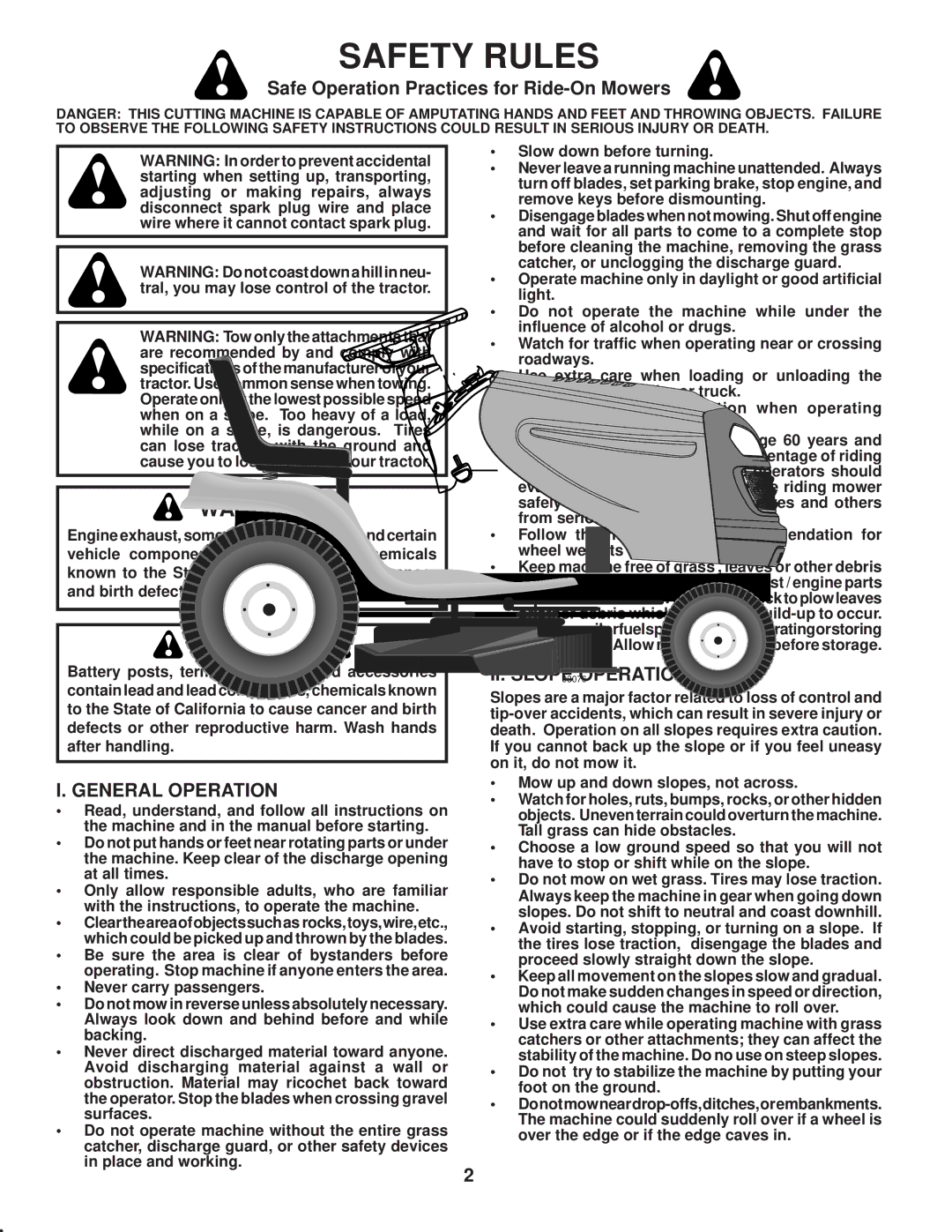 Poulan PPH23B48 manual Safety Rules, Safe Operation Practices for Ride-On Mowers, General Operation, II. Slope Operation 