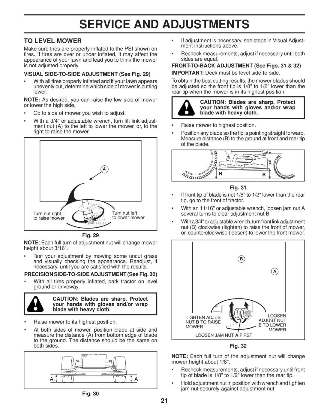 Poulan PPH23B48 manual To Level Mower, Visual SIDE-TO-SIDE Adjustment See Fig, Precision SIDE-TO-SIDE Adjustment See Fig 