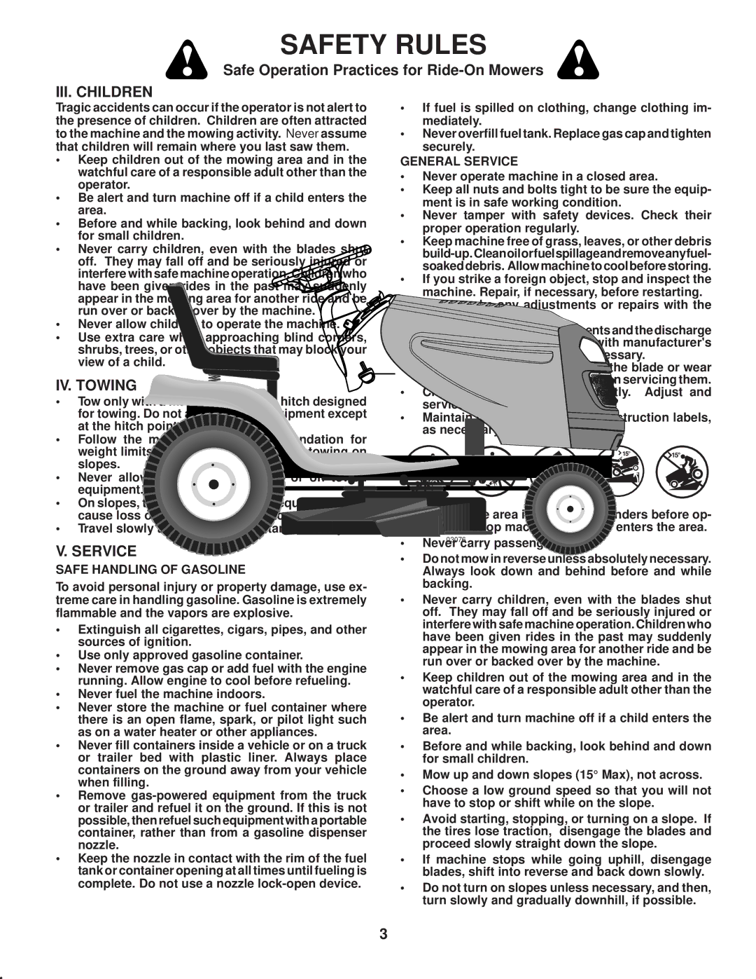 Poulan PPH23B48 manual III. Children, IV. Towing, Safe Handling of Gasoline, General Service 