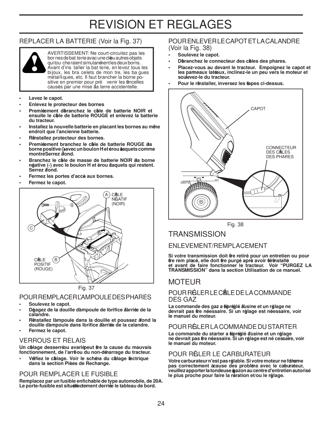 Poulan PPH23B48 manual Reglages ET Revision, Moteur, Carburateur LE Régler Pour, Starter DU Commande LA Régler Pour 