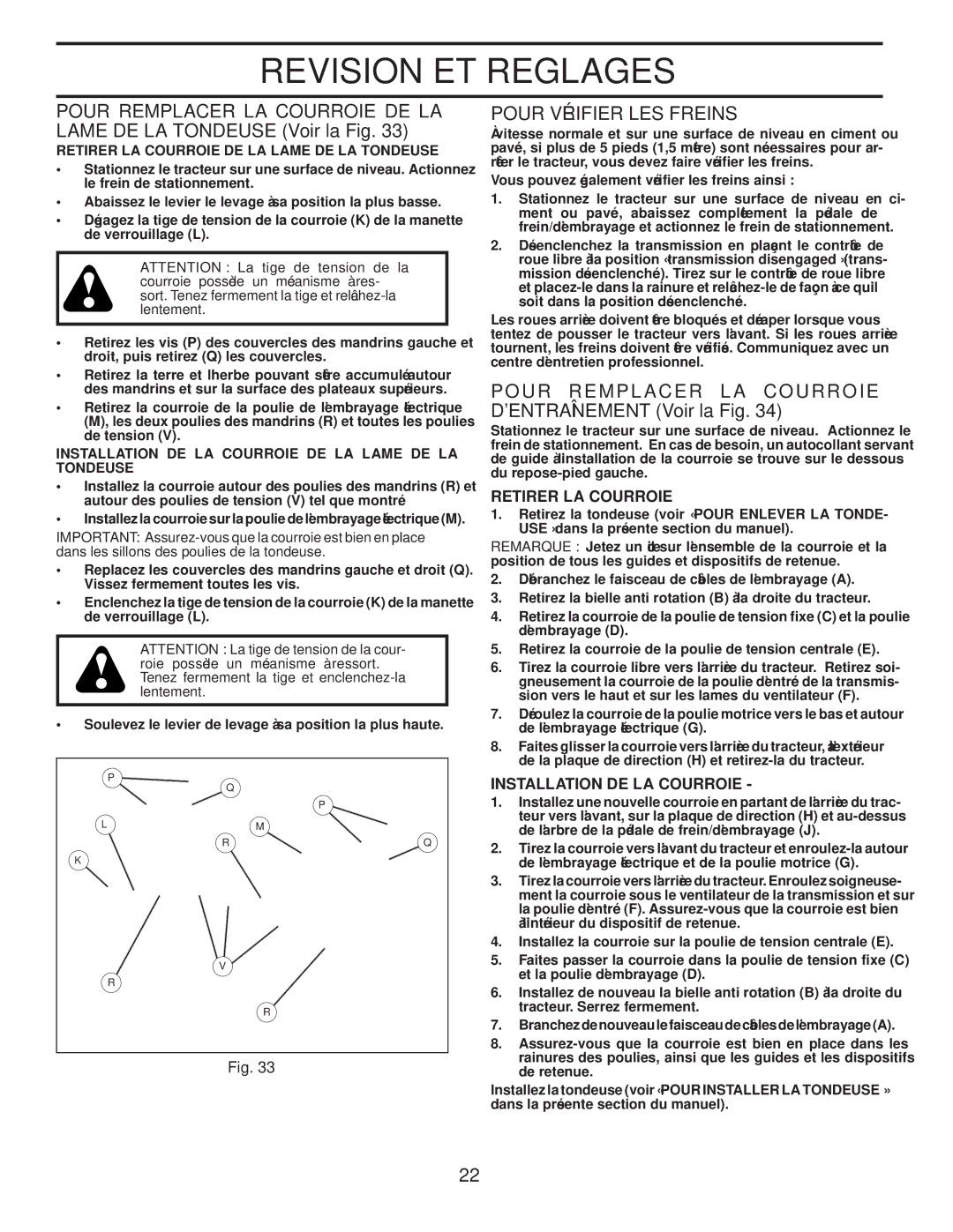 Poulan PPH23B48 manual Fig la Voir D’ENTRAÎNEMENT, Courroie Acer Rempl Pour, Fig la Voir Tondeuse LA DE Lame, 33 .Fig 