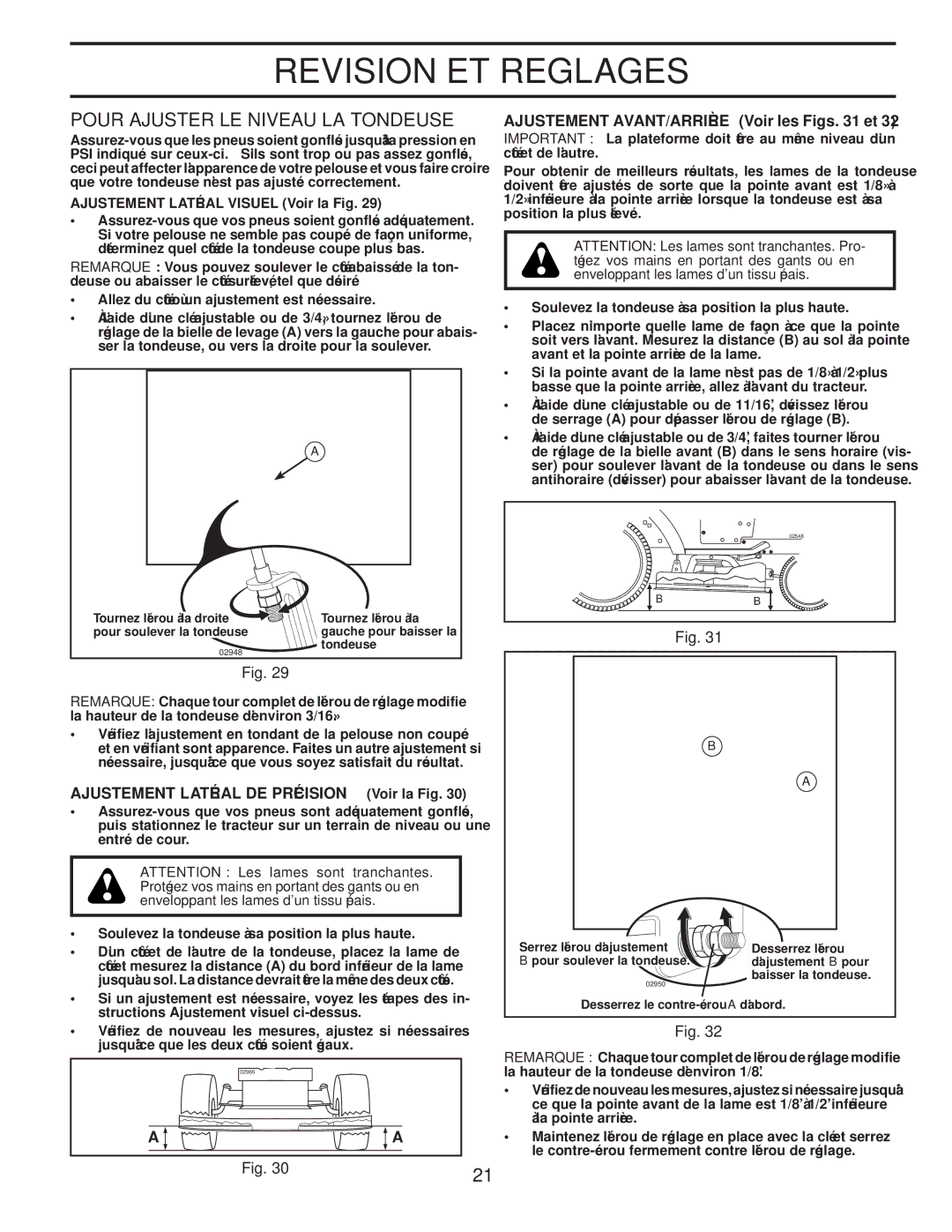 Poulan PPH23B48 manual Tondeuse LA Niveau LE Ajuster Pour, 32 .Fig, 31 .Fig, 30 .Fig, 29 .Fig 