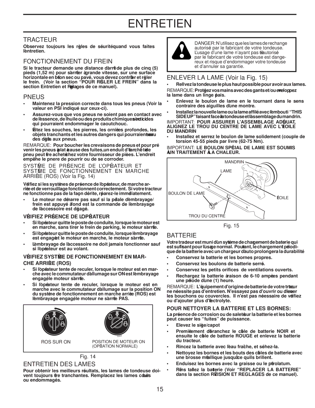 Poulan PPH23B48 manual Fig la Voir Lame LA Enlever, Lames DES Entretien, Pneus, Frein DU Fonctionnement, Tracteur 