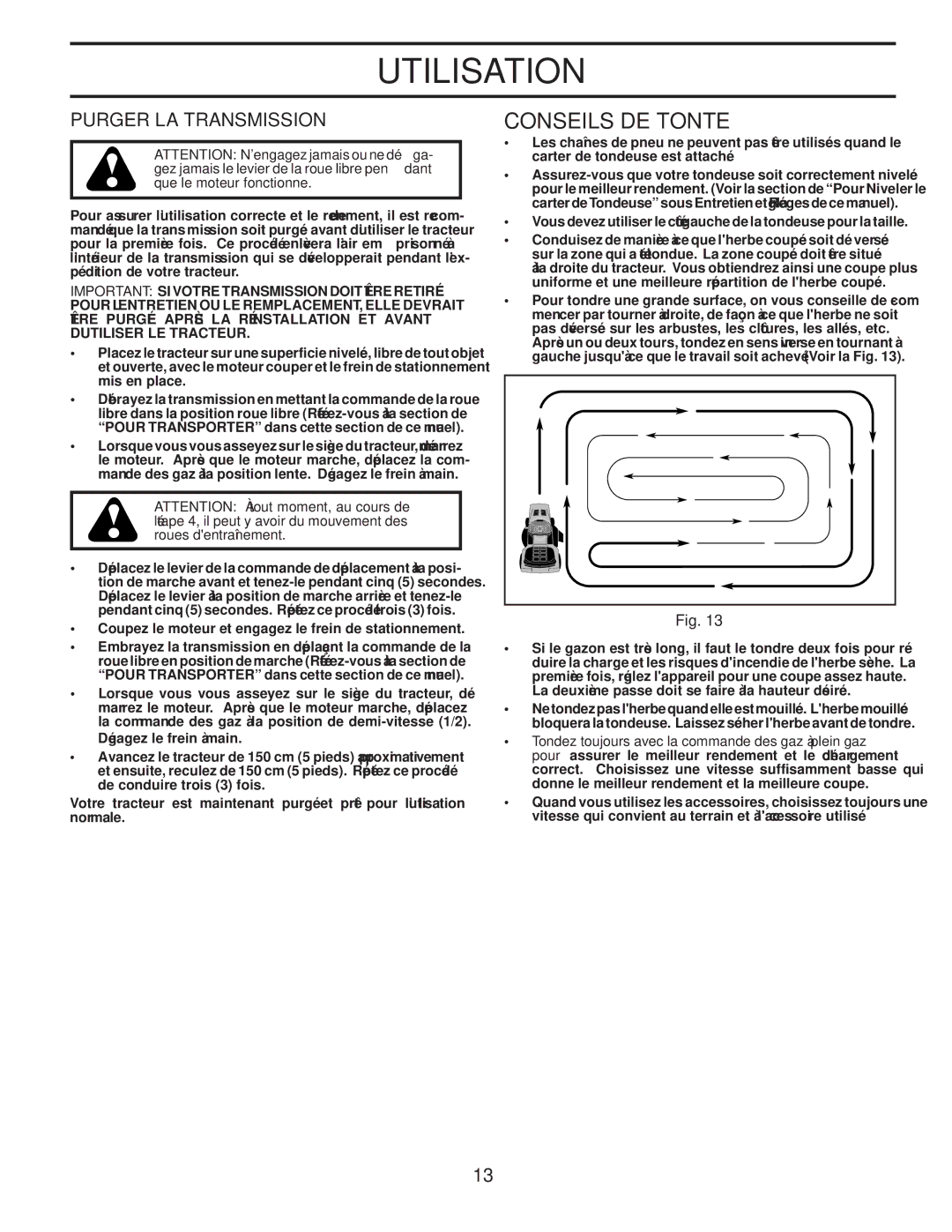 Poulan PPH23B48 manual Utilisation, Transmission LA Purger, 13 .Fig, Tracteur LE D’UTILISER 
