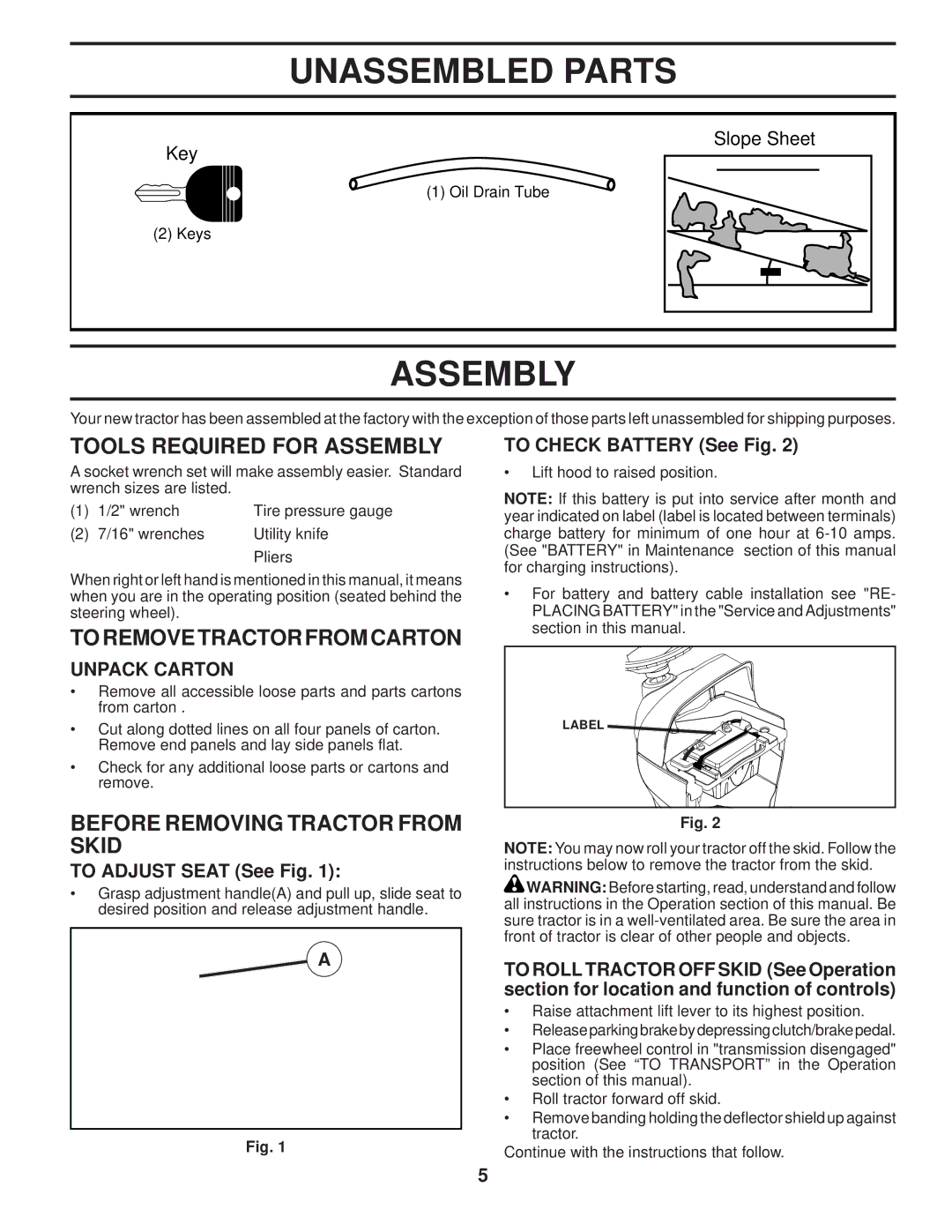 Poulan PPH23B48 manual Unassembled Parts, Tools Required for Assembly, To Remove Tractor from Carton 