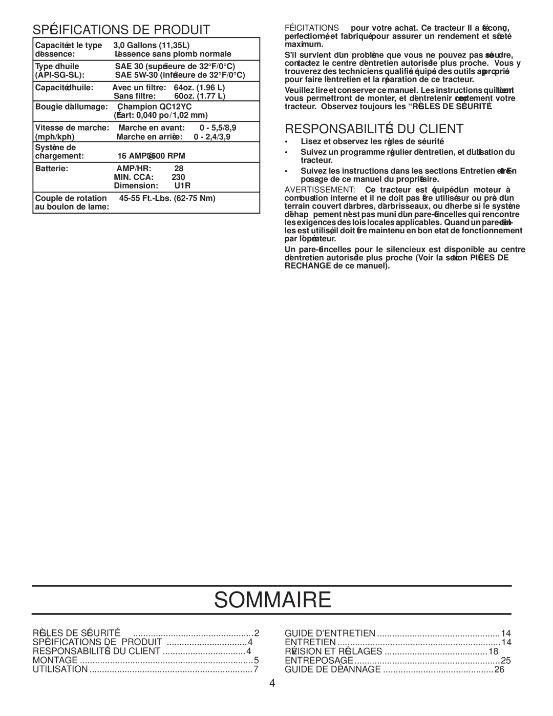 Poulan PPH23B48 manual Utilisation, Montage, Client DU Responsabilités, Produit DE Spécifications, Sécurité DE Règles 