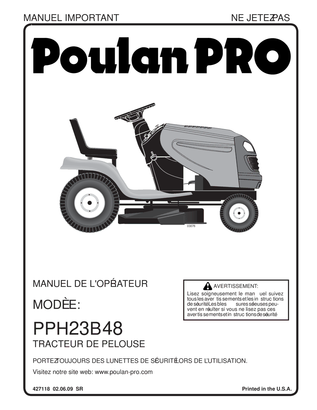 Poulan PPH23B48 manual U the in Printed SR 09.06.02, Avertissement 