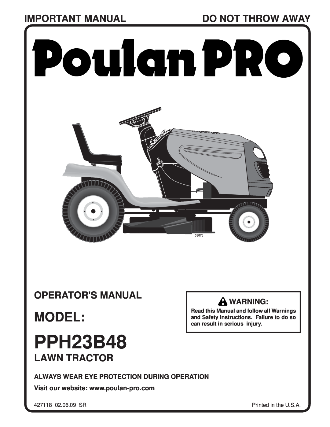 Poulan PPH23B48 manual Model, Important Manual, Do Not Throw Away, Operators Manual, Lawn Tractor, 03076 