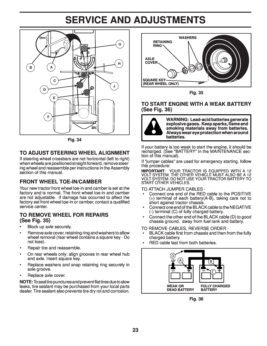 Poulan PPH23B48 manual To Adjust Steering Wheel Alignment, Front Wheel Toe-In/Camber, TO REMOVE WHEEL FOR REPAIRS See Fig 
