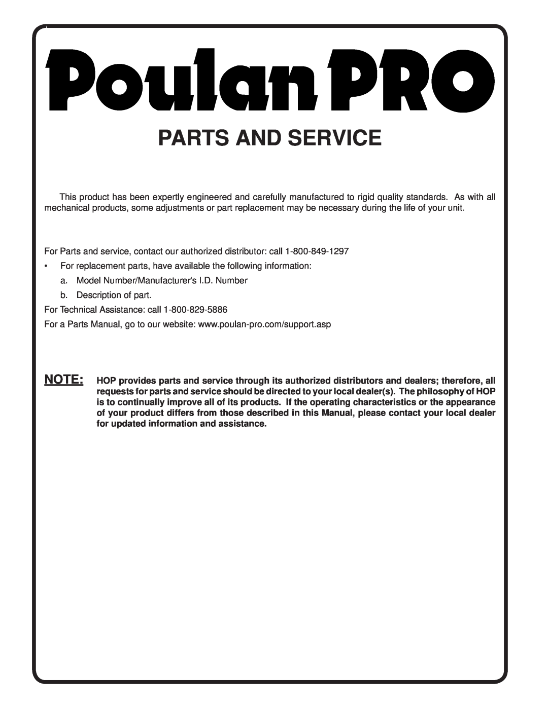 Poulan PPH23B48 manual Parts And Service 
