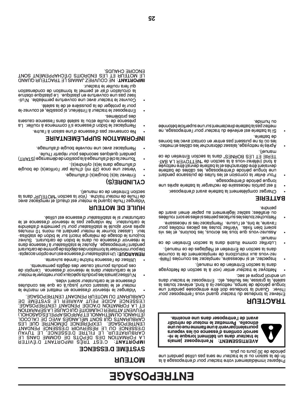 Poulan PPH23B48 manual Entreposage, Tracteur, Supplémentaire Information, Cylindres, Moteur De Huile, D’Essence Système 