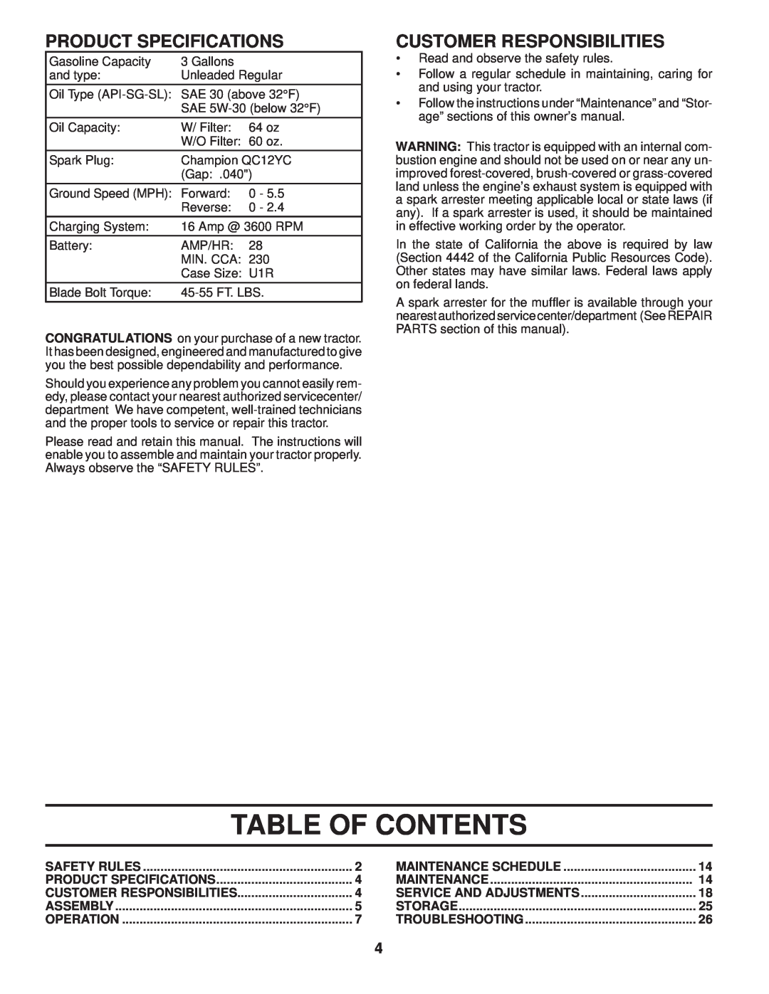 Poulan PPH23B48 manual Table Of Contents, Product Specifications, Customer Responsibilities 