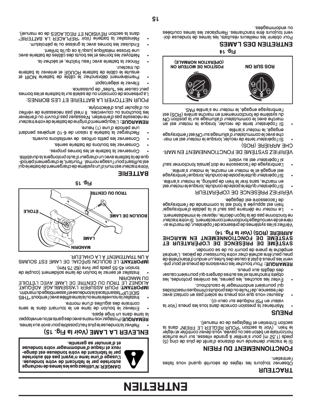 Poulan PPH23B48 manual Fig la Voir LAME LA ENLEVER, Lames Des Entretien, Pneus, Frein Du Fonctionnement, Tracteur, Batterie 