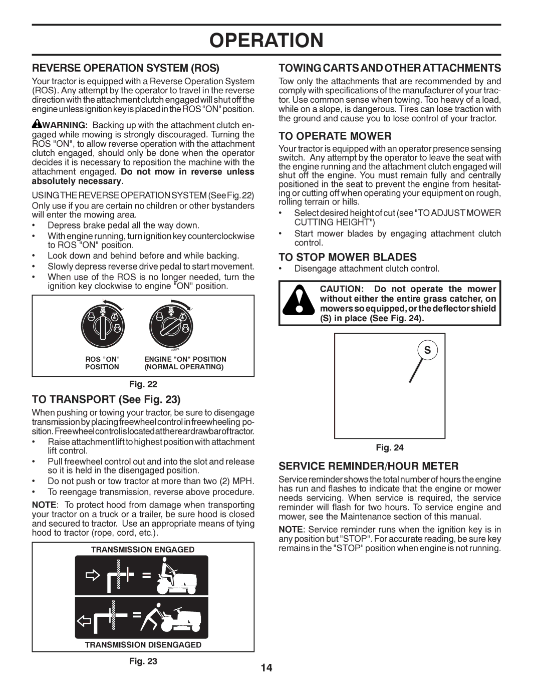 Poulan PPH25K54 Reverse Operation System ROS, Towing Carts and Other Attachments, To Operate Mower, To Stop Mower Blades 