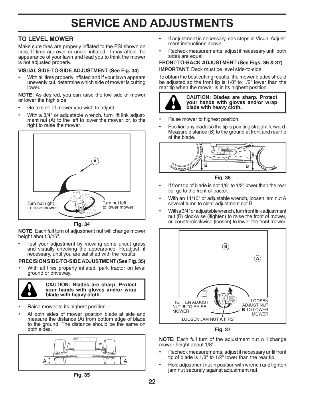 Poulan PPH25K54 manual To Level Mower, Visual SIDE-TO-SIDE Adjustment See Fig, Precision SIDE-TO-SIDE Adjustment See Fig 