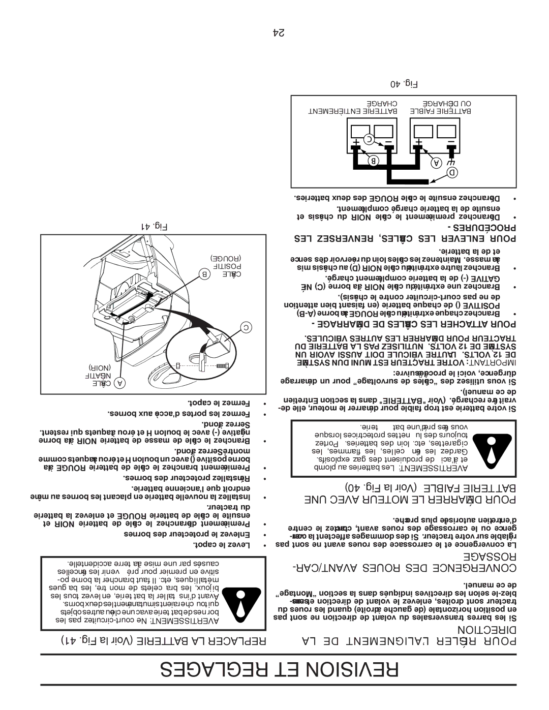 Poulan PPH25K54 manual Fig la Voir Batterie LA Replacer, Rossage -AVANT/CAR Roues DES Convergence, 41 .Fig, 40 .Fig 