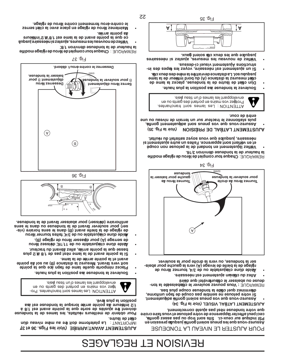 Poulan PPH25K54 manual Tondeuse LA Niveau LE Ajuster Pour, 37 .Fig, 36 .Fig, 35 .Fig, 34 .Fig 