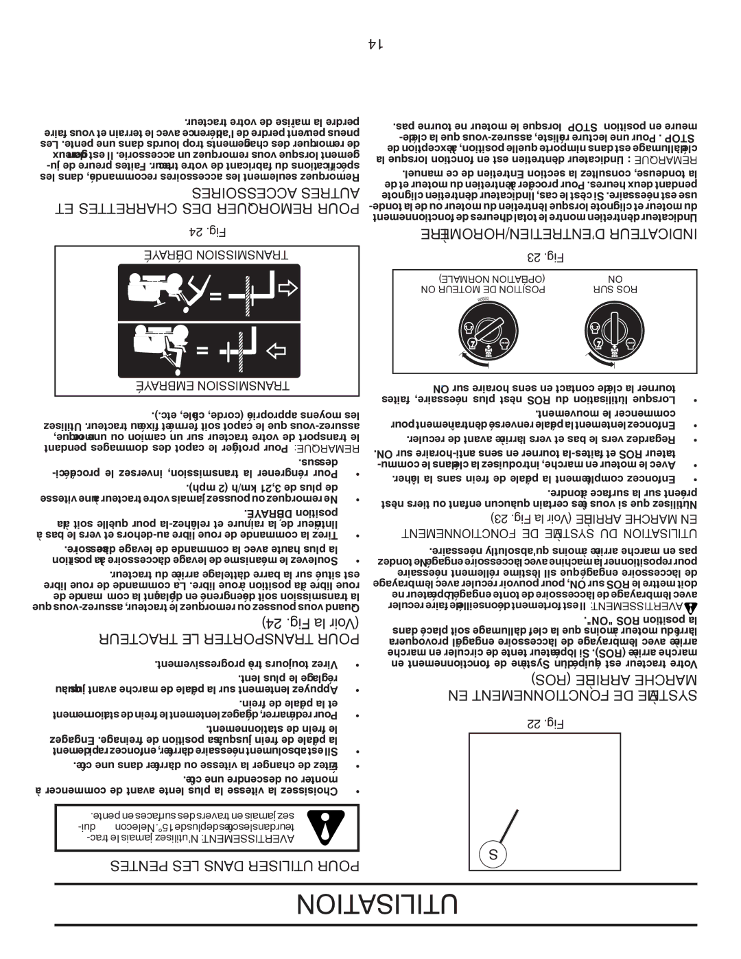 Poulan PPH25K54 manual Accessoires Autres ET Charrettes DES Remorquer Pour, ROS Arrière Marche EN Fonctionnement DE Système 