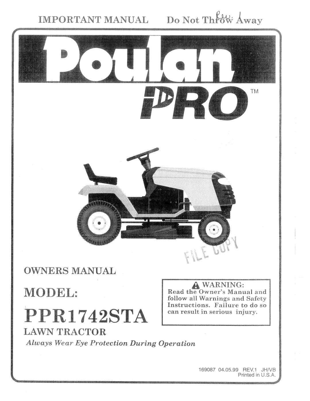 Poulan 169087, PPR1742STA manual 