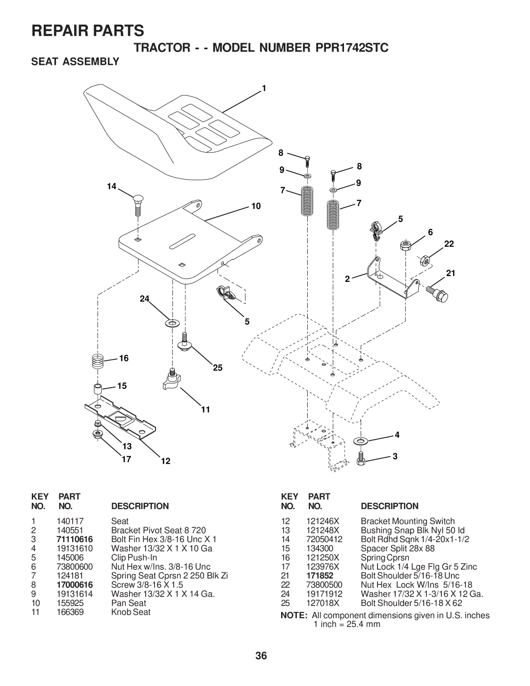 Poulan PPR1742STC, 173282 owner manual Seat Assembly, 71110616, 171852, 17000616 