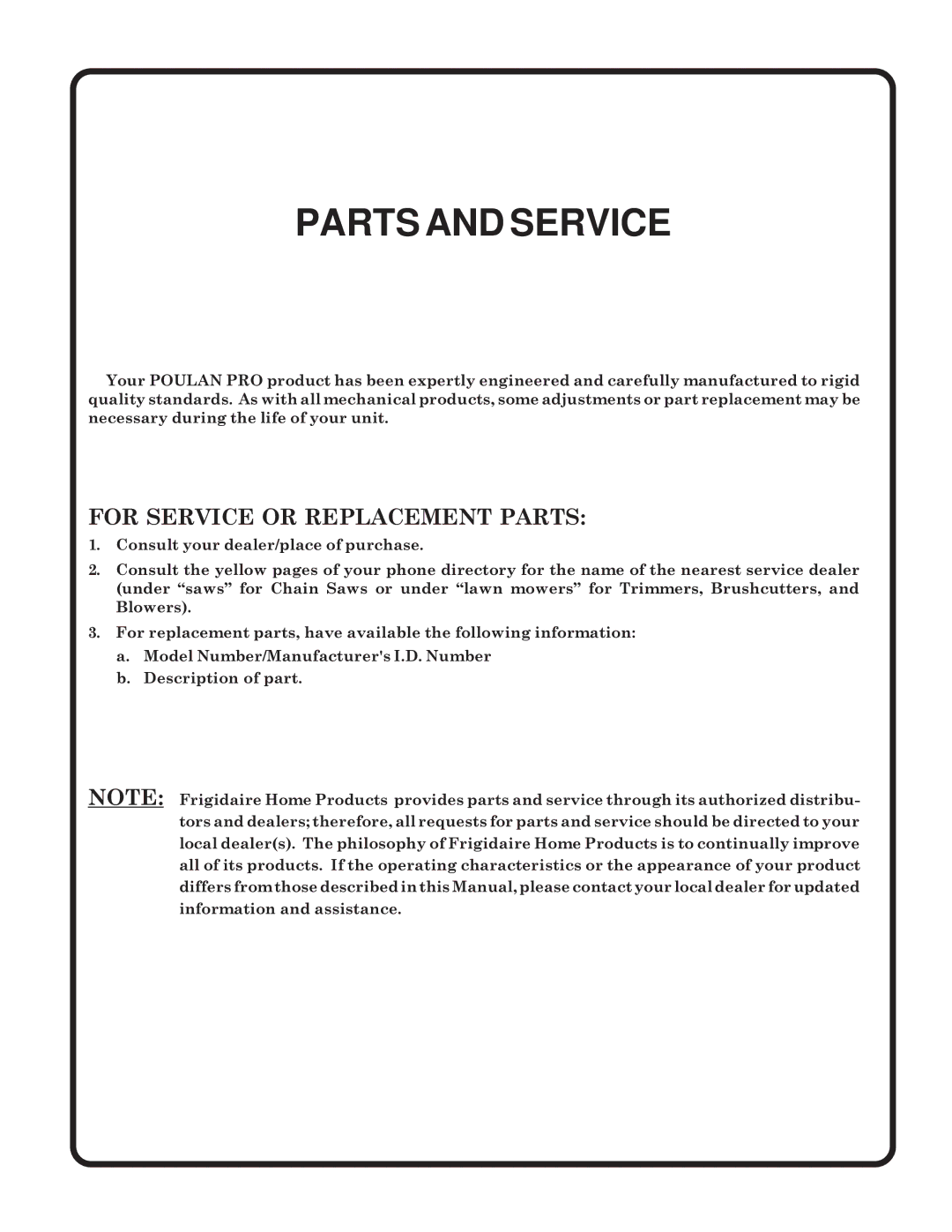 Poulan PPR1742STC, 173282 owner manual Parts and Service 