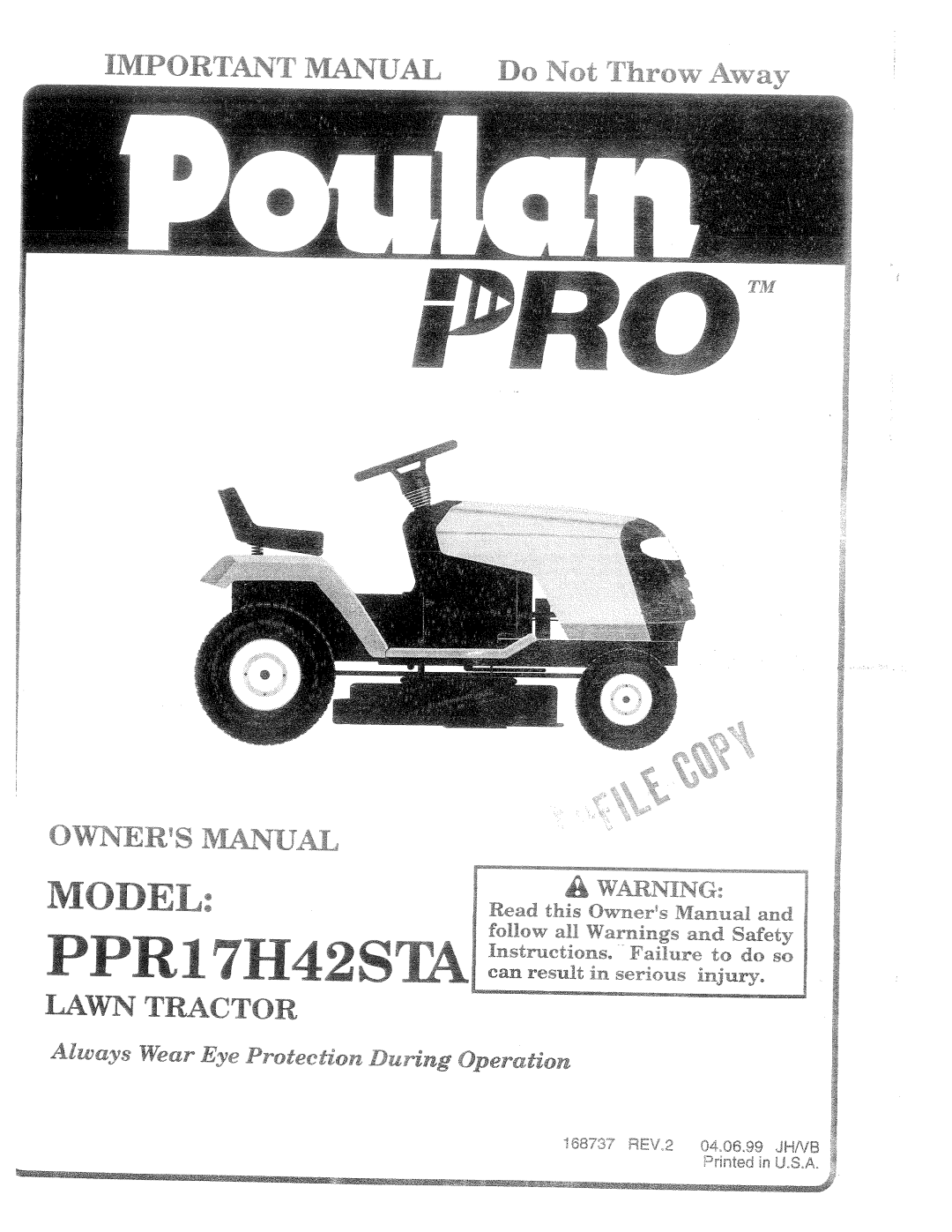 Poulan 168737, PPR17H42STA manual 