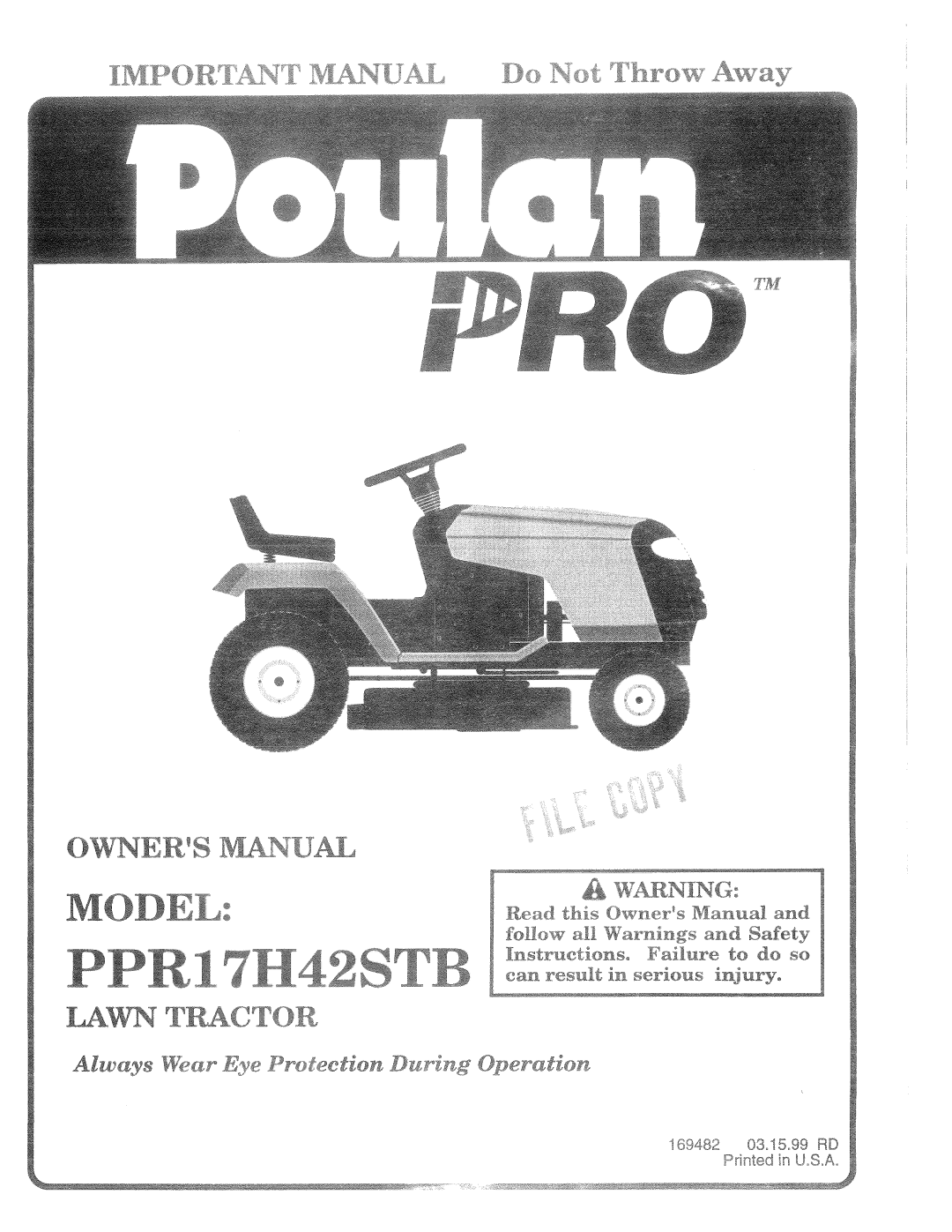 Poulan 169482, PPR17H42STB manual 