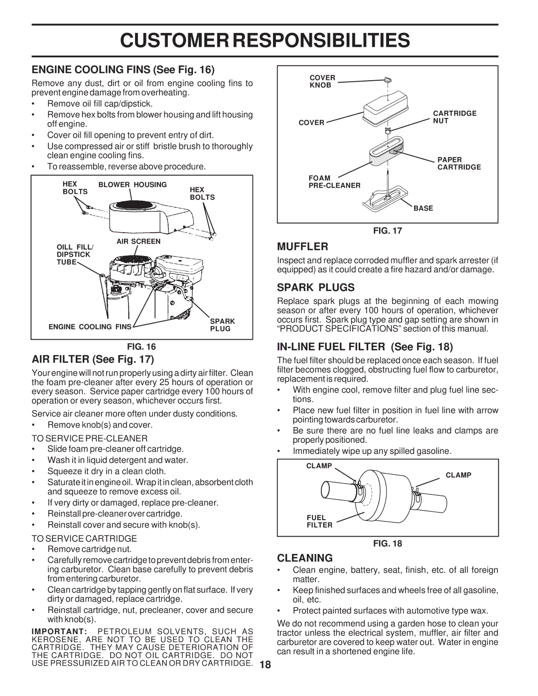 Poulan PPR17H42STC, 173284 owner manual Muffler, Spark Plugs, Cleaning 