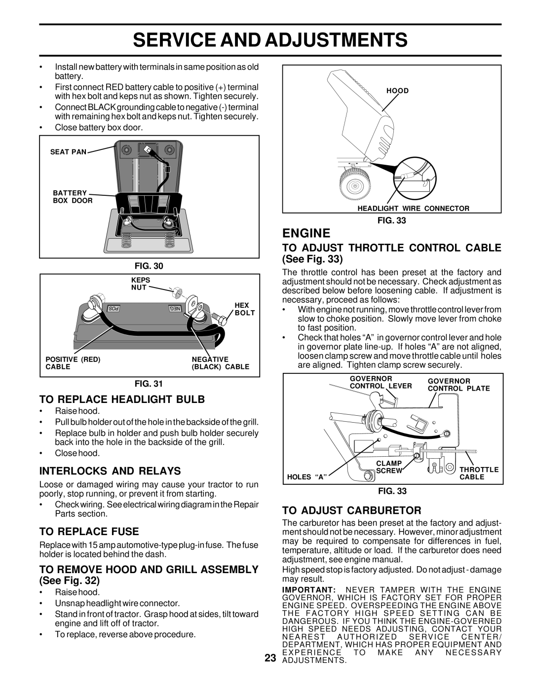 Poulan 173284, PPR17H42STC To Replace Headlight Bulb, Interlocks and Relays, To Replace Fuse, To Adjust Carburetor 