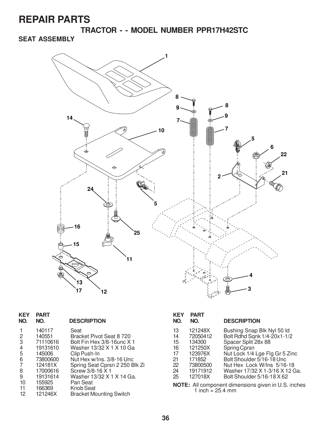 Poulan PPR17H42STC, 173284 owner manual Seat Assembly 