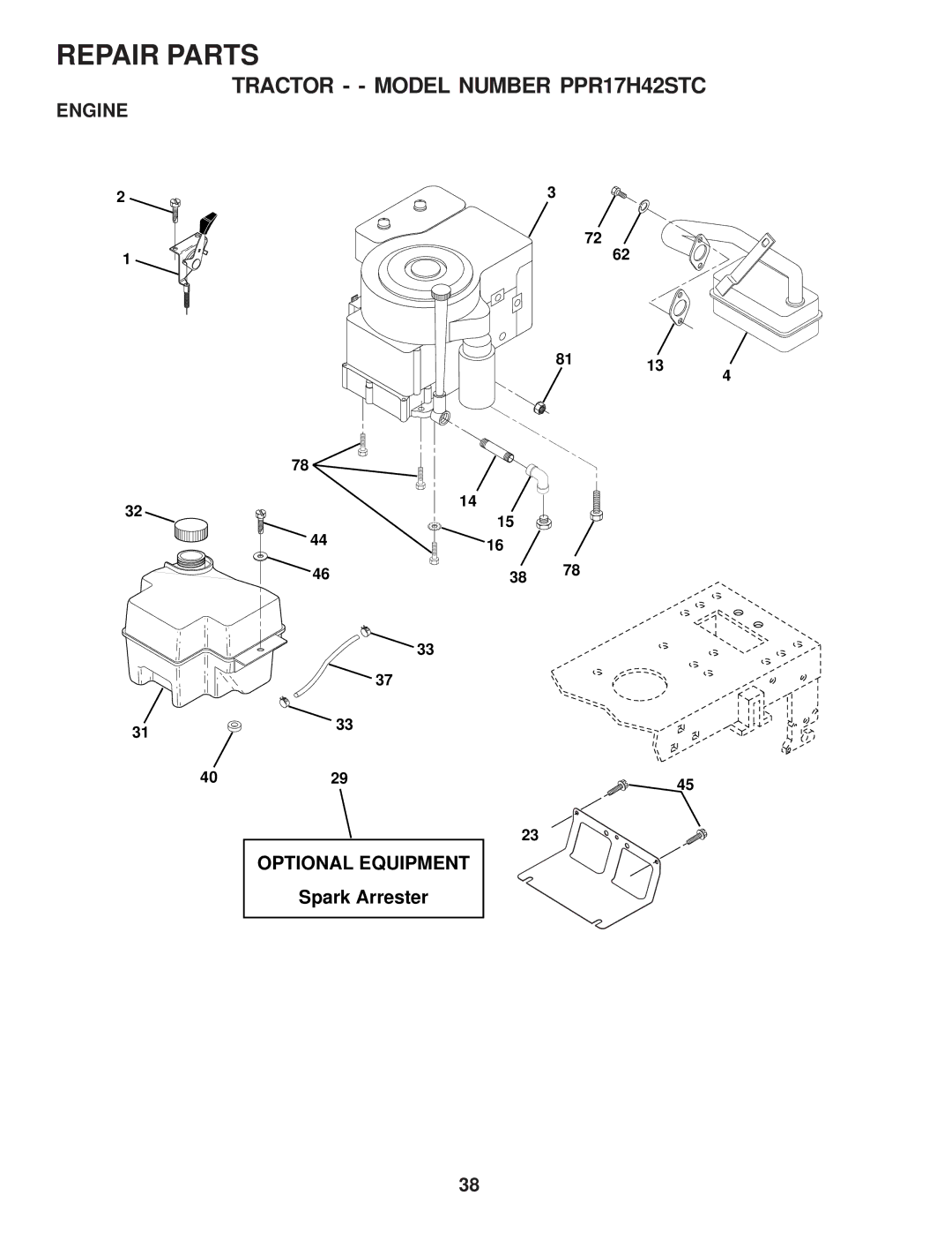 Poulan PPR17H42STC, 173284 owner manual Engine, Optional Equipment, Spark Arrester 