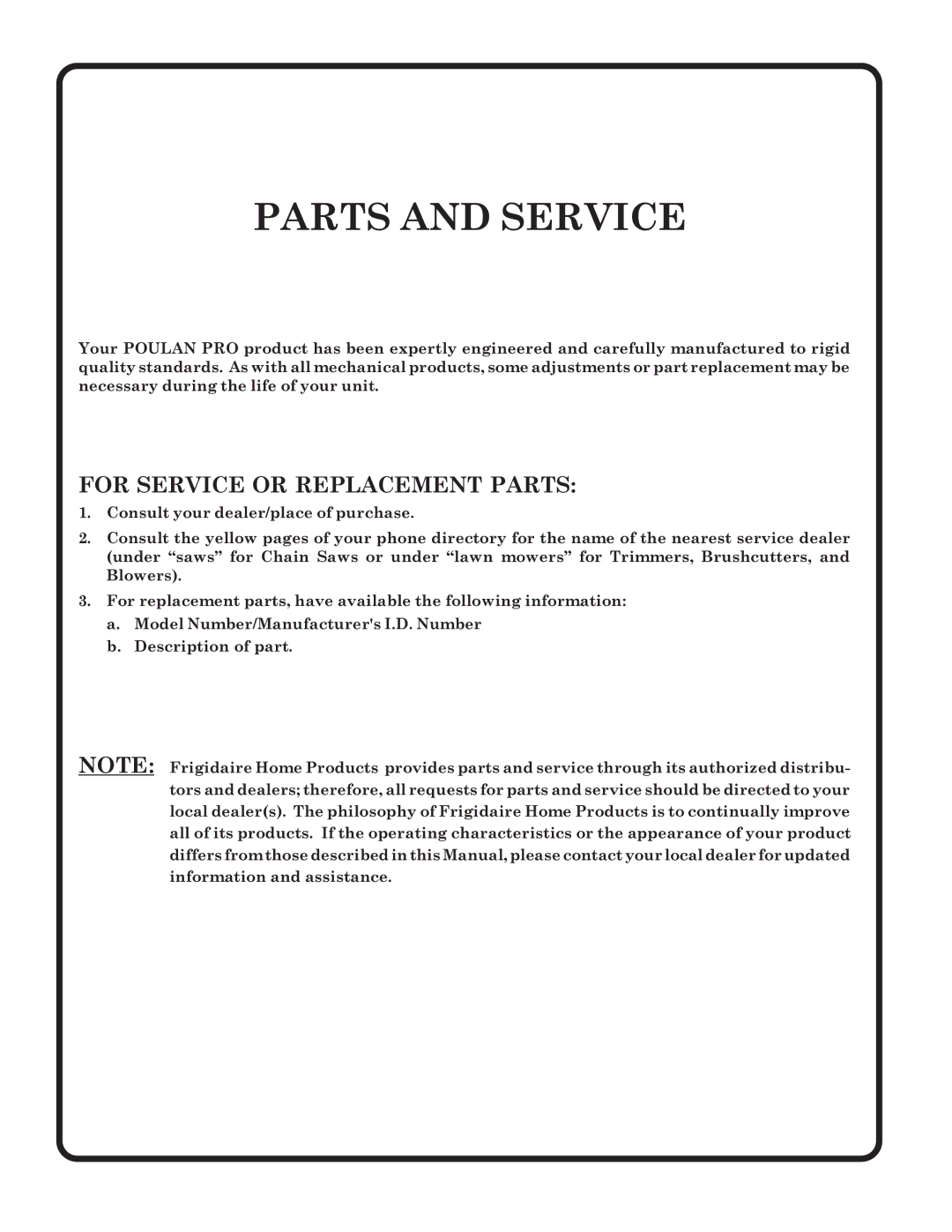 Poulan PPR17H42STC, 173284 owner manual Parts and Service 