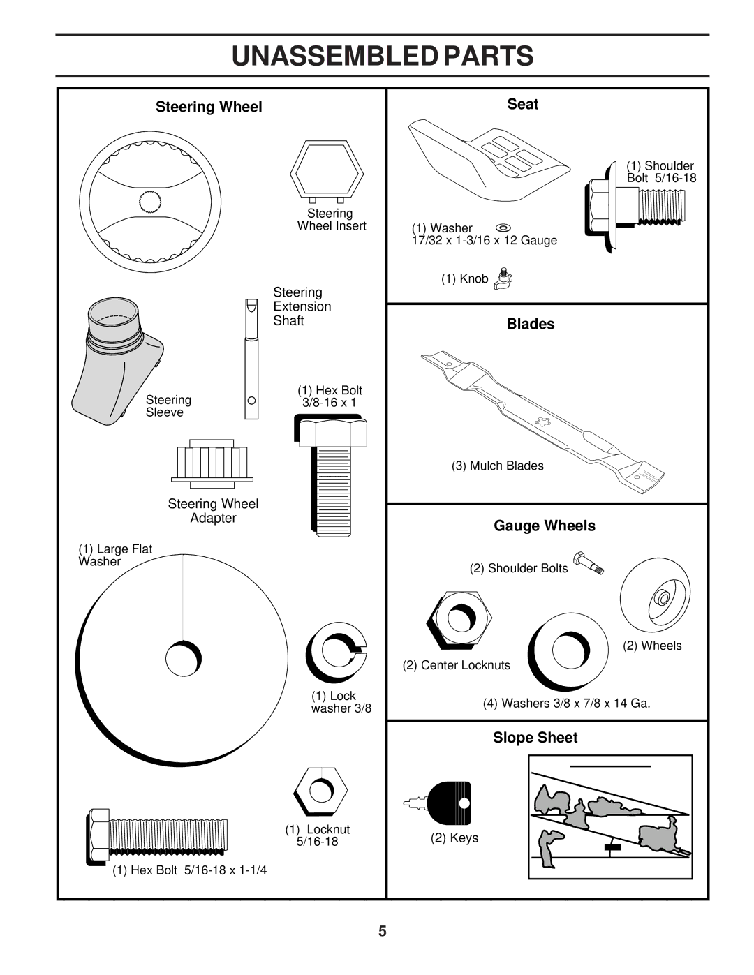 Poulan 173284, PPR17H42STC owner manual Unassembled Parts, Steering Wheel Seat, Blades, Gauge Wheels, Slope Sheet 