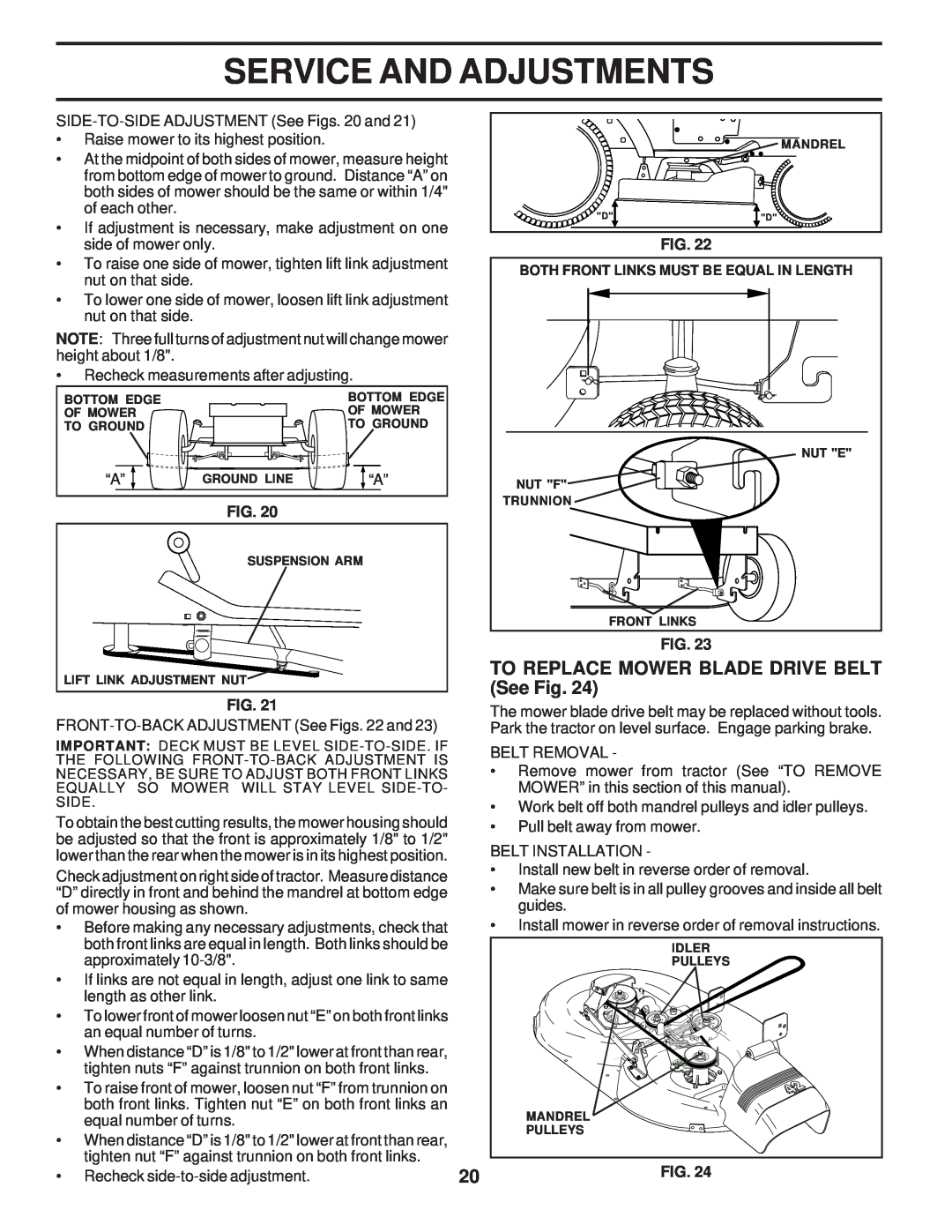 Poulan PPR17H42STC, 173284 owner manual TO REPLACE MOWER BLADE DRIVE BELT See Fig, Service And Adjustments 