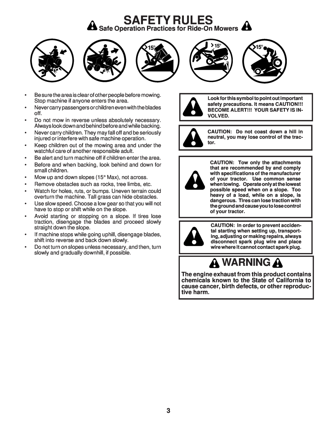 Poulan 173284, PPR17H42STC owner manual Safety Rules, Safe Operation Practices for Ride-OnMowers 